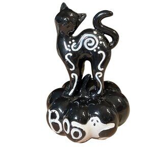 Ceramic Black Cat On Pumpkin Halloween Decor Figurine With White Ghost & "Boo" D